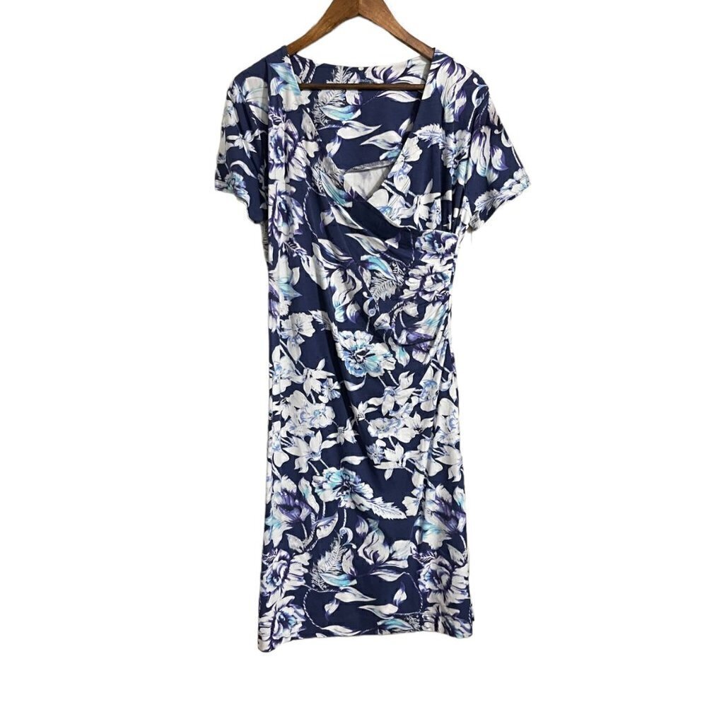 Soft Surroundings Womens Blue Faux Wrap Shapely Anywhere Floral Dress Medium - Picture 2 of 8